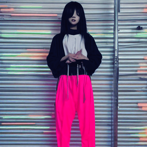 AI generated: [slender asian girl slender stunning girl baggy clothes (black) trousers, sneakers : cyberpunk backg...