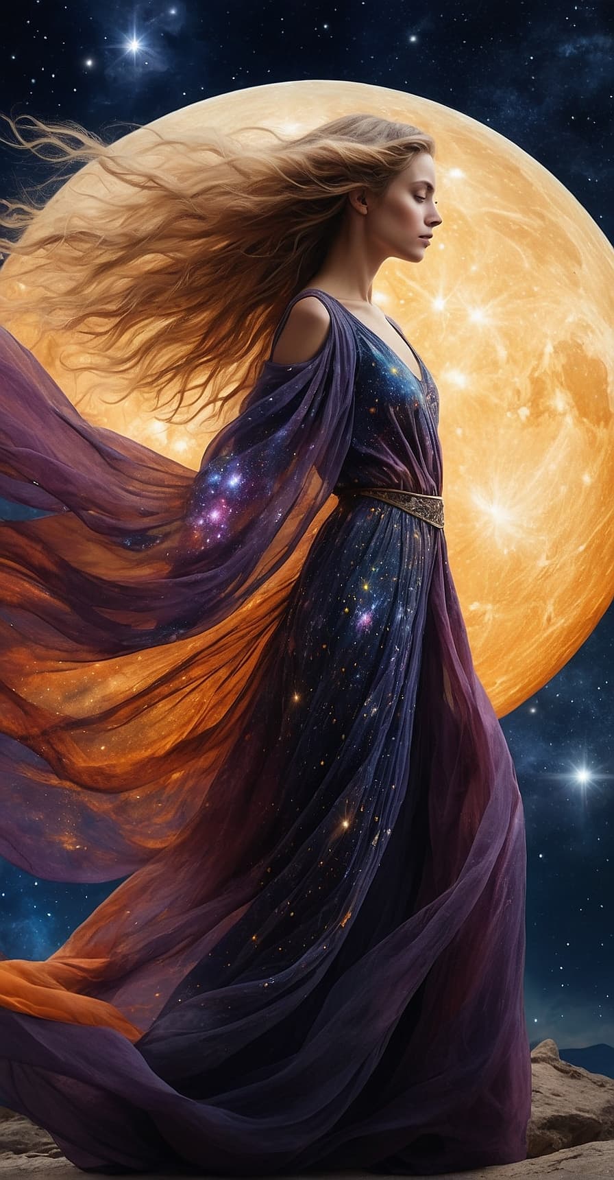 AI generated: Envision a celestial being, a woman whose dress and hair are made of cosmic elements, standing on a ...
