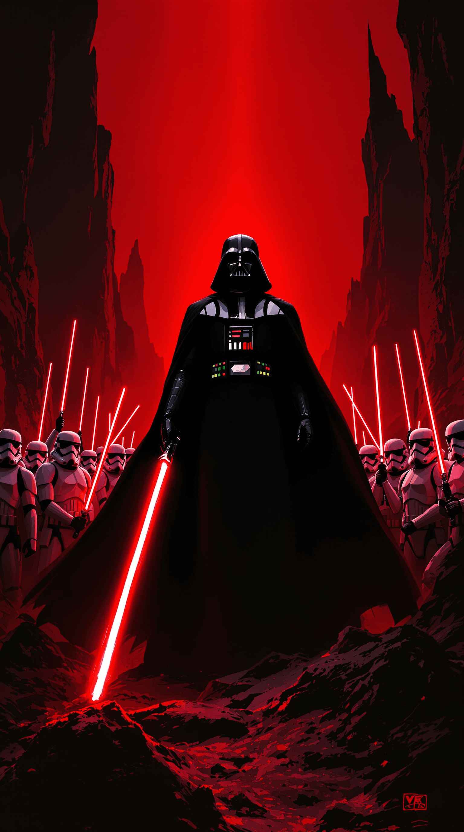 AI generated: A cinematic and dramatic illustration of a dark, imposing figure resembling Darth Vader, standing at...
