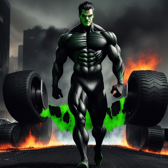 AI generated: A full body shot of a menacing looking man, clad in a black and green super suit, slowly walking tow...