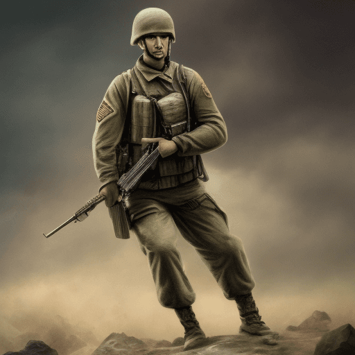 AI generated: soldier in war, with weapon, hyper realistic, in green mountain