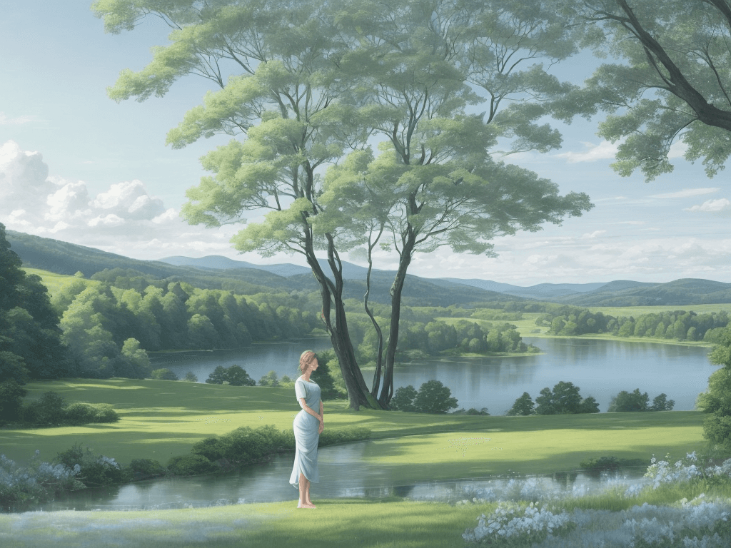 AI generated: a picturesque landscape with rolling hills, trees, and a body of water in the distance. The sky is a...