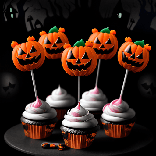AI generated: 'Photograph of Halloween-themed cupcakes and lollipops, creepy faces, spooky atmosphere, colorful fr...