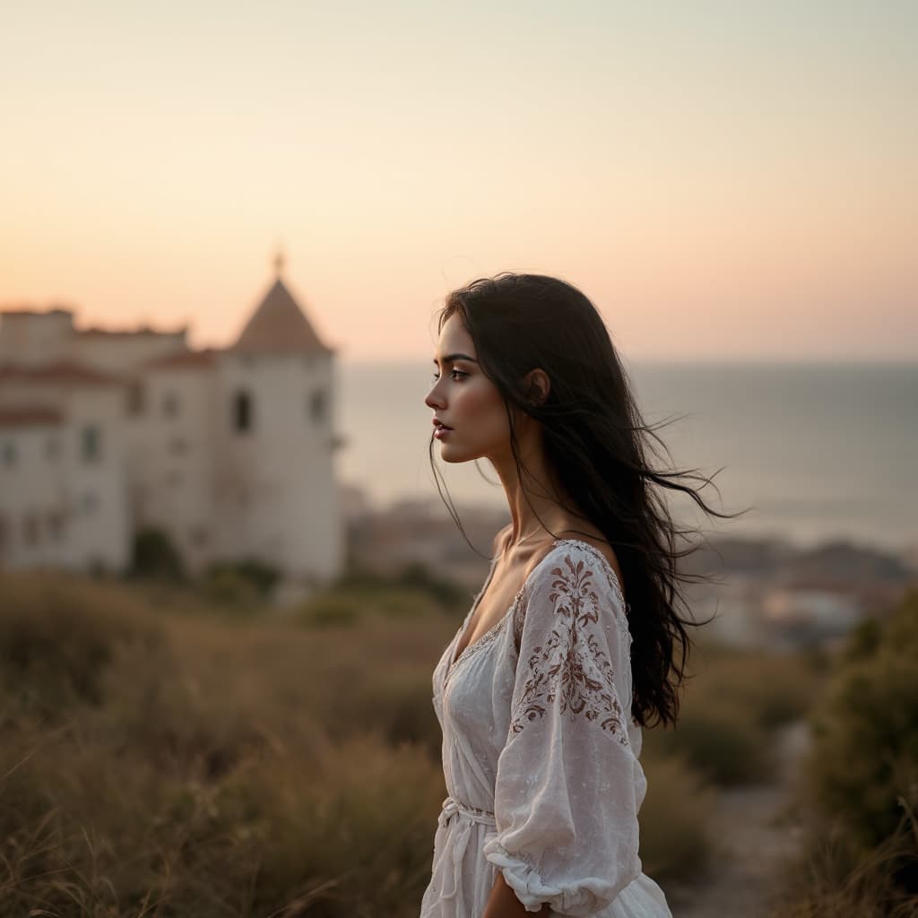 AI generated: style photographique réaliste, une femme ,Ciri ,cheveux noirs, , en robe d'été