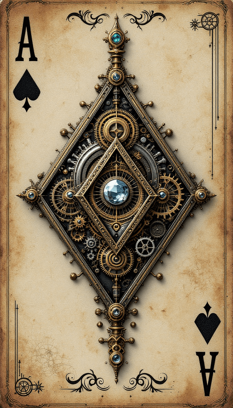 AI generated: Design a steampunk Ace of Diamonds playing card. The centrepiece should be an intricate diamonds emb...