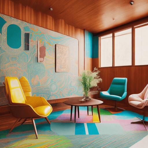 AI generated: Retro interior design, wood elements, vibrant and fresh colors, mid-century modern furniture, warm w...
