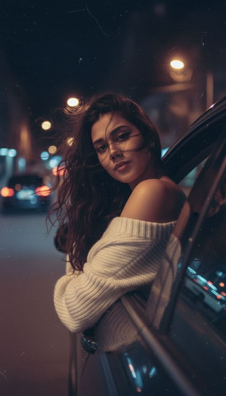 AI generated: Create a photo of me leaning my back out the window car like a dark dreamy blurry vintage windy

n...