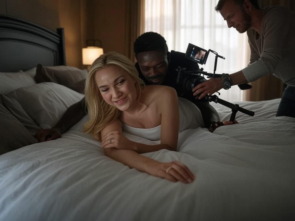 AI generated: A half naked with bra blonde woman [wife] with ring is safe sex in bed with a black-skinned half nak...