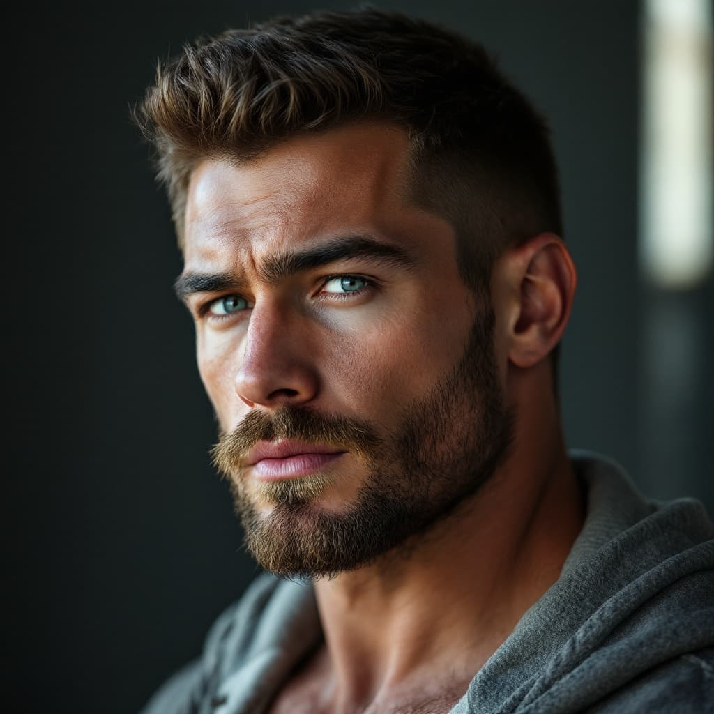 AI generated: A male in his 20's,muscular, face is very masculine.  the width of his chins is wide,his eyes are ho...