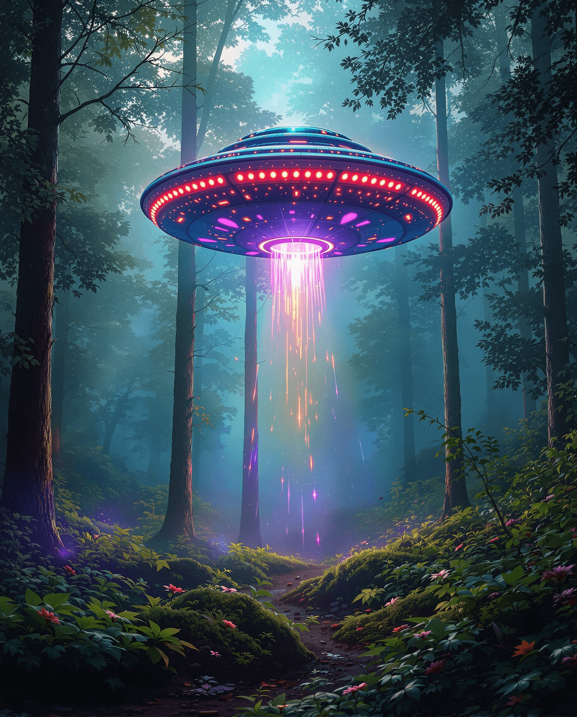 AI generated: ufo  in forest,dynamic,mystique lights,smoke,abanoned place ,glowing ,colourful,laserlight