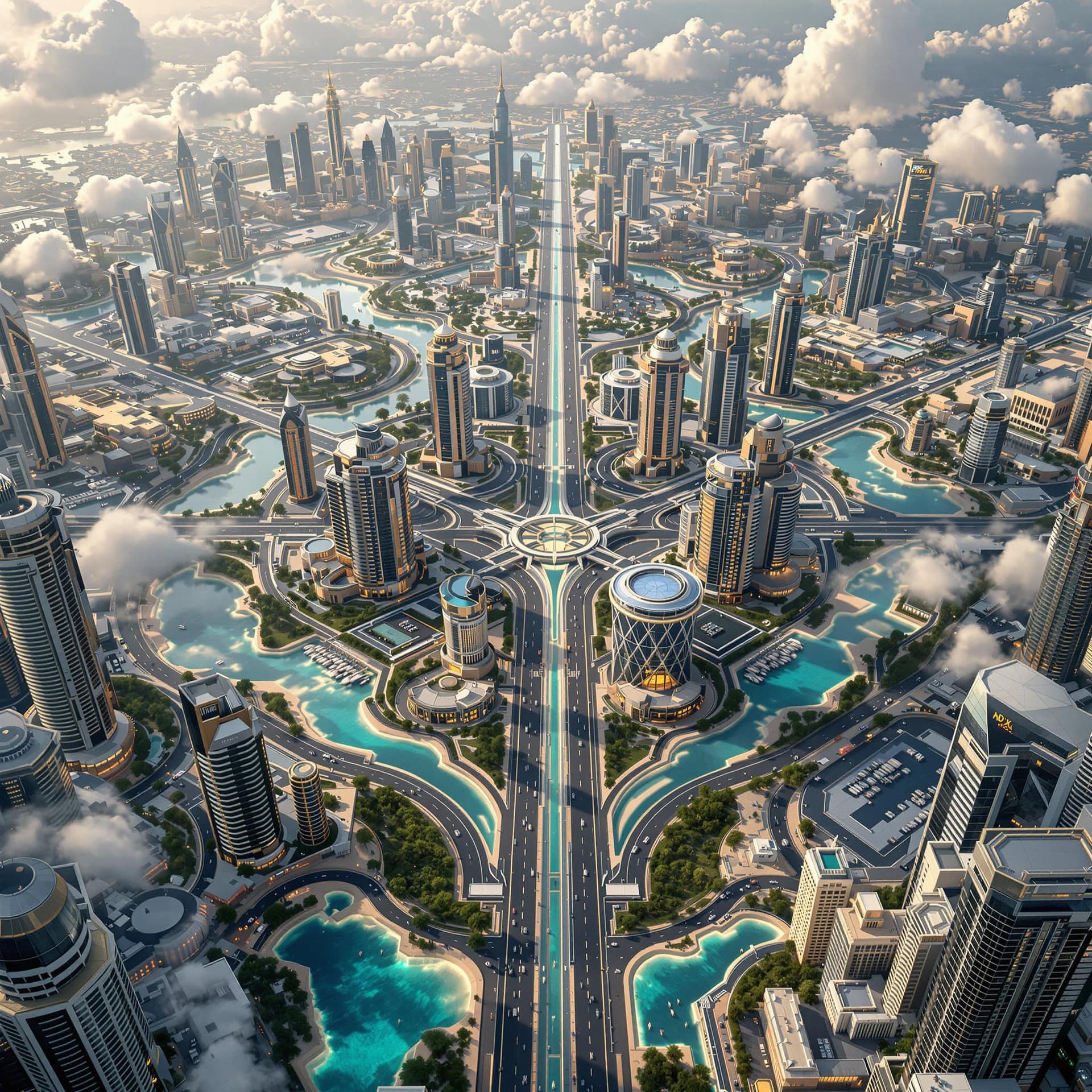 AI generated: High resolution photography, Dubai, 1004 years from now.flying sauceres, Amazing detail. symmetrical...