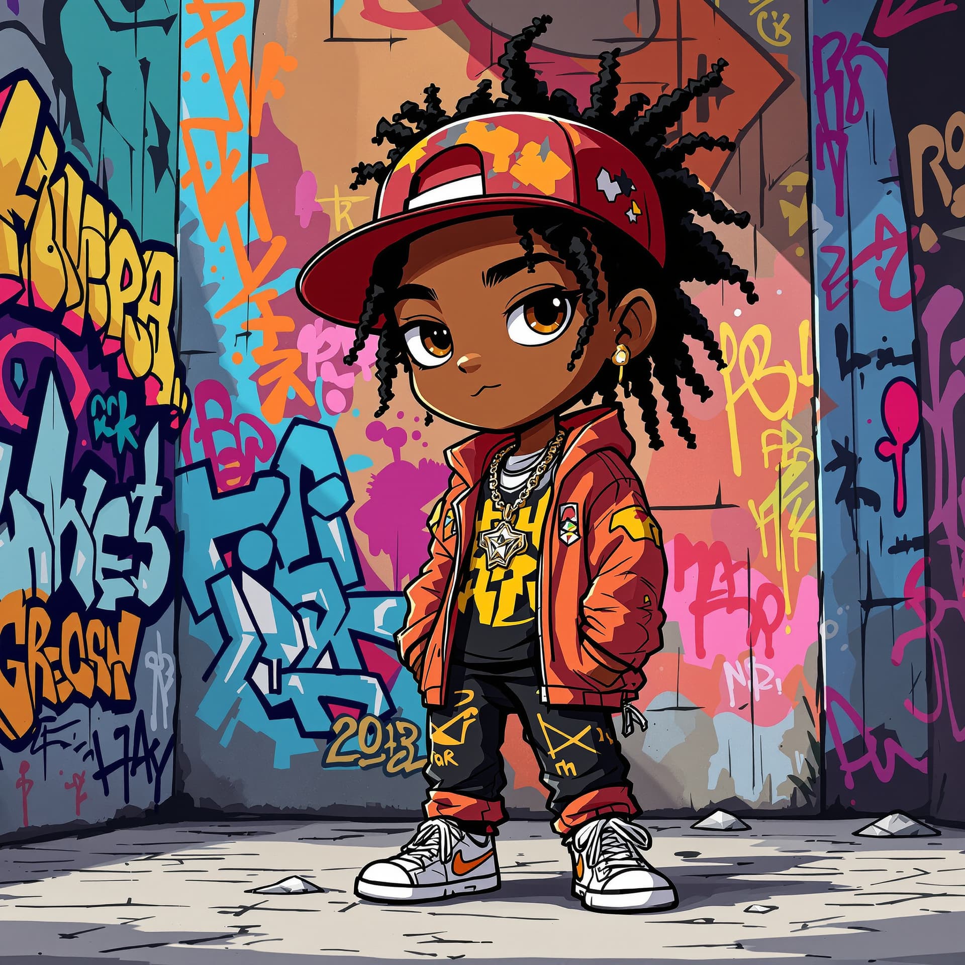 AI generated: anime cartoon illustration of an african american hip hop graffiti character with urban fashion and ...