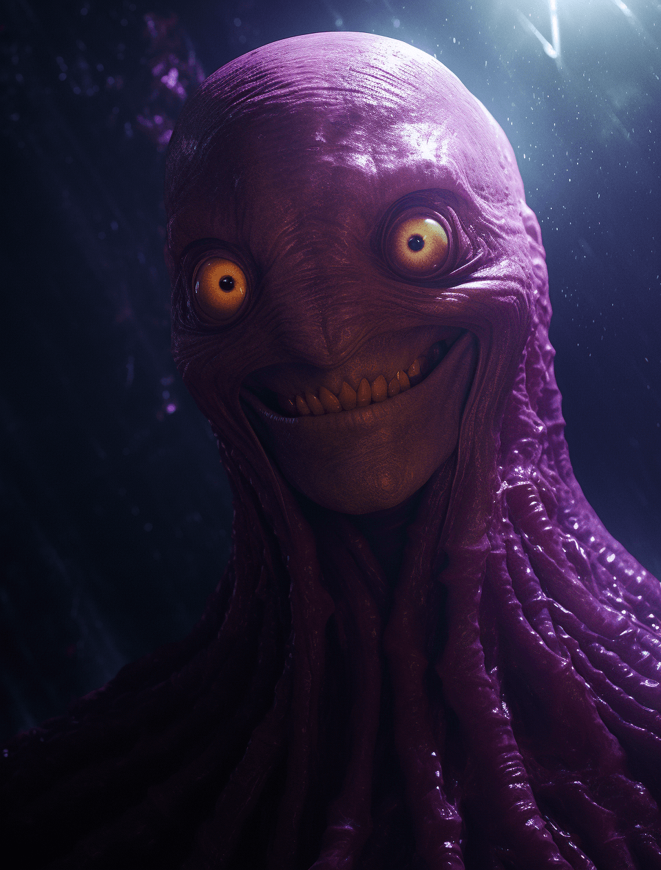 AI generated: A mysterious humanoid creature with tentacles instead of hair, purple eyes and no nose. He is smilin...