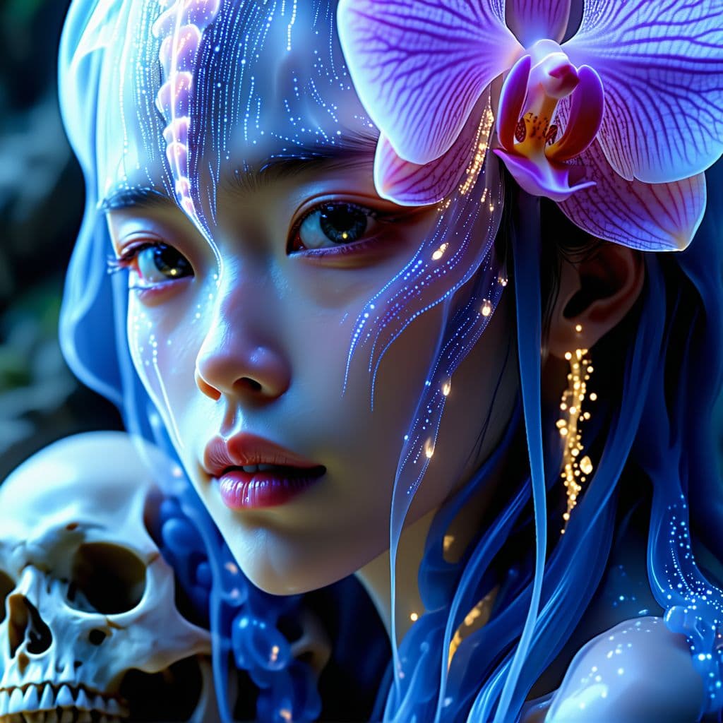 AI generated: Goddess close-up portrait ribcagel. jellyfish phoenix head, nautilus, orchid, skull, betta fish, bio...