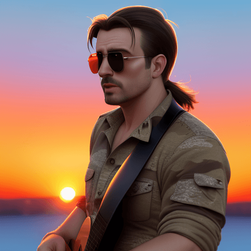 AI generated: Rodoljub Roki Vulovic singing Panteri i Mauzer in aviator sunglasses and camo at a sunset pixar styl...