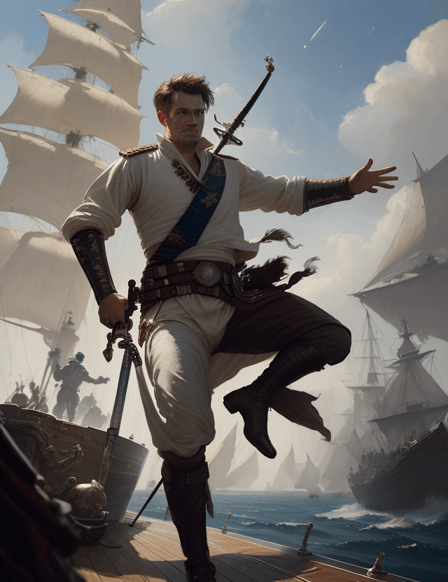 AI generated: A prancing male captain with pistol and saber on the deck of his vessel by Greg Rutkowski, oil paint...