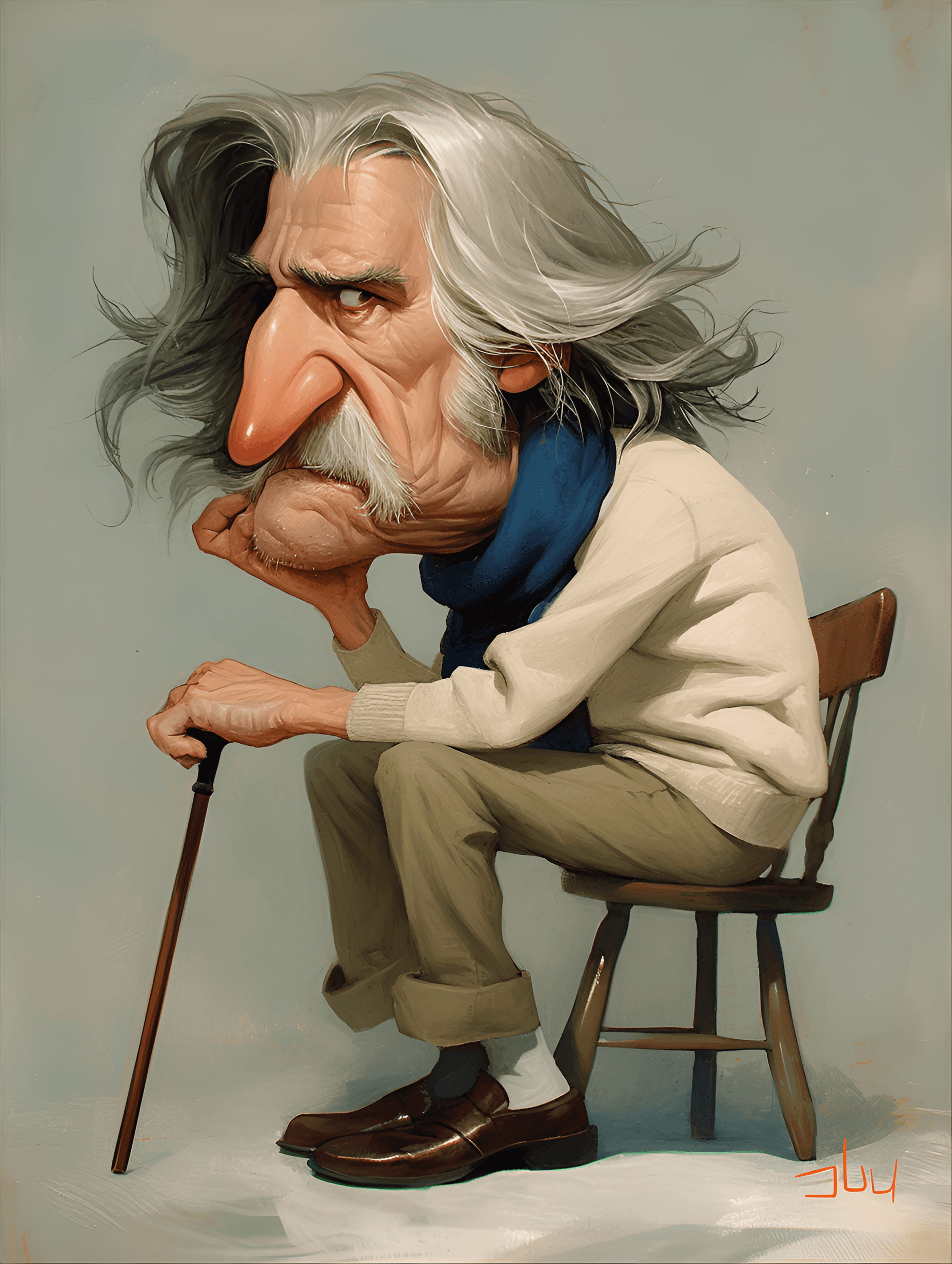 AI generated: funny caricature, old man cmale, 75 years old, silver hair, deep wrinkles, piercing gaze, big cartoo...