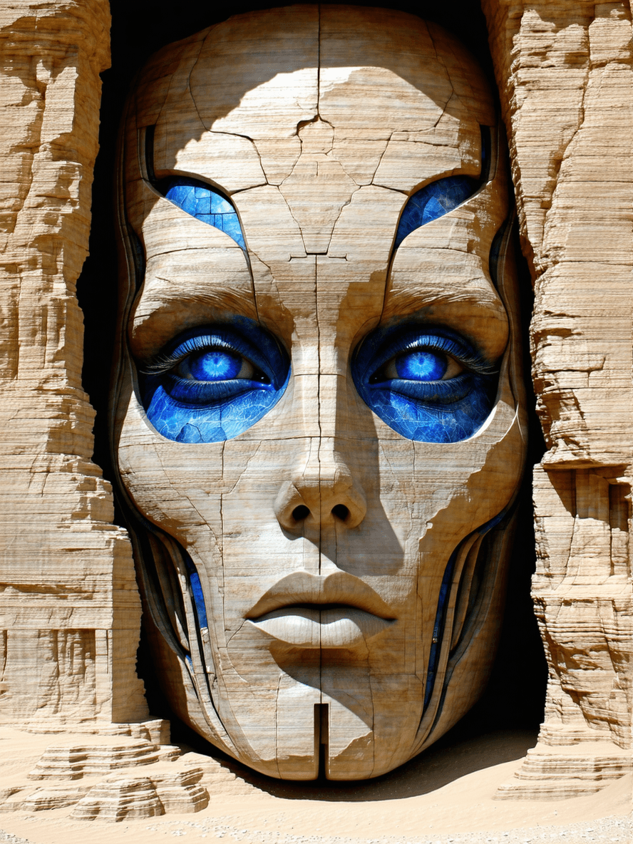 AI generated: A large humanoid face with detailed and complex features etched into highly  textured stone, in a de...