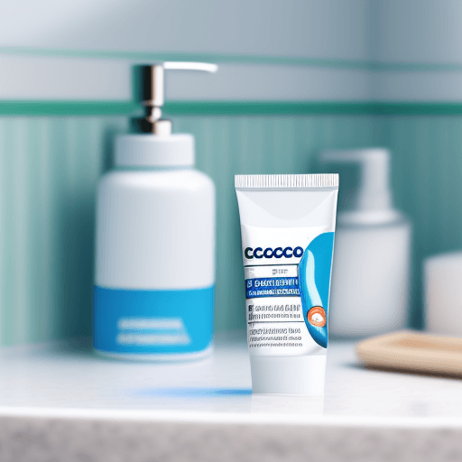 AI generated: A toothpaste container with a label that reads "coco - for sensitive teeth", on top of a bathroom co...