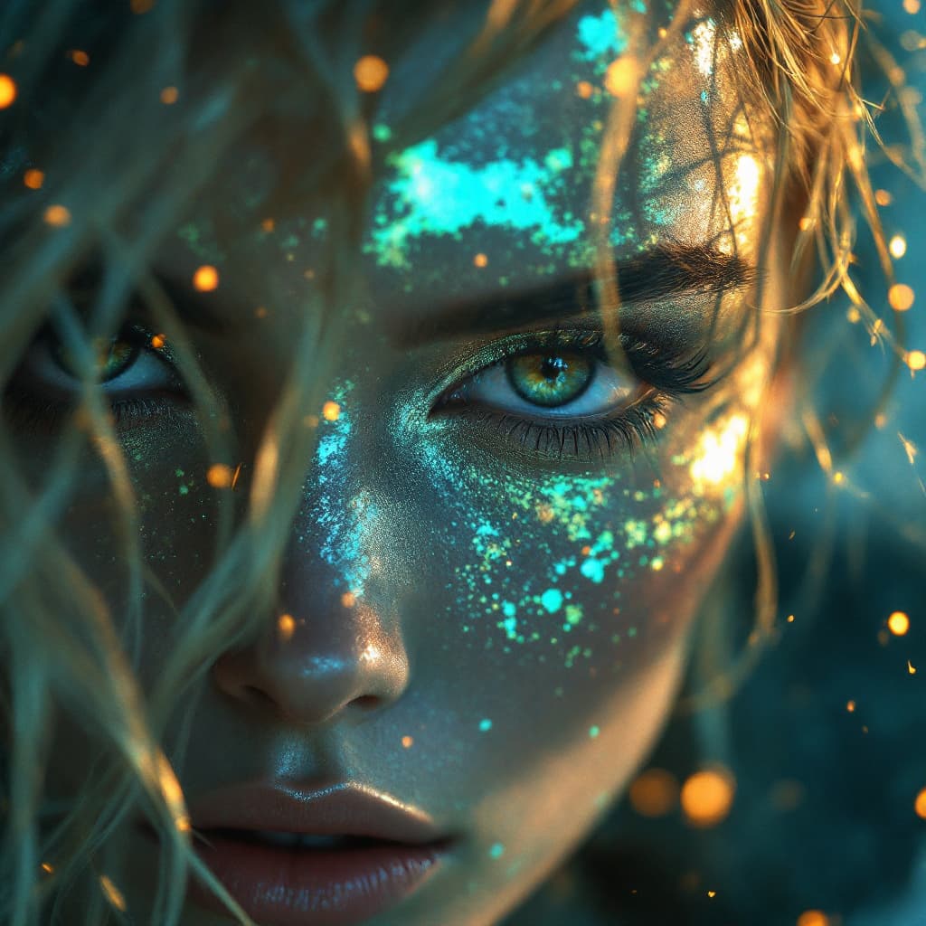 AI generated:  front direct view portrait of blond woman head, brown eyes, metalic skin, disappearing into the pat...