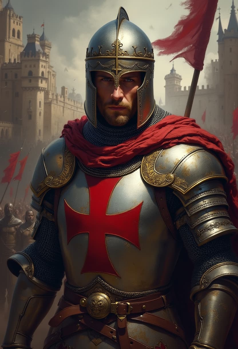 AI generated: oil on canvas, impressionist tendencies, , A highly detailed digital illustration of a Crusader, cap...