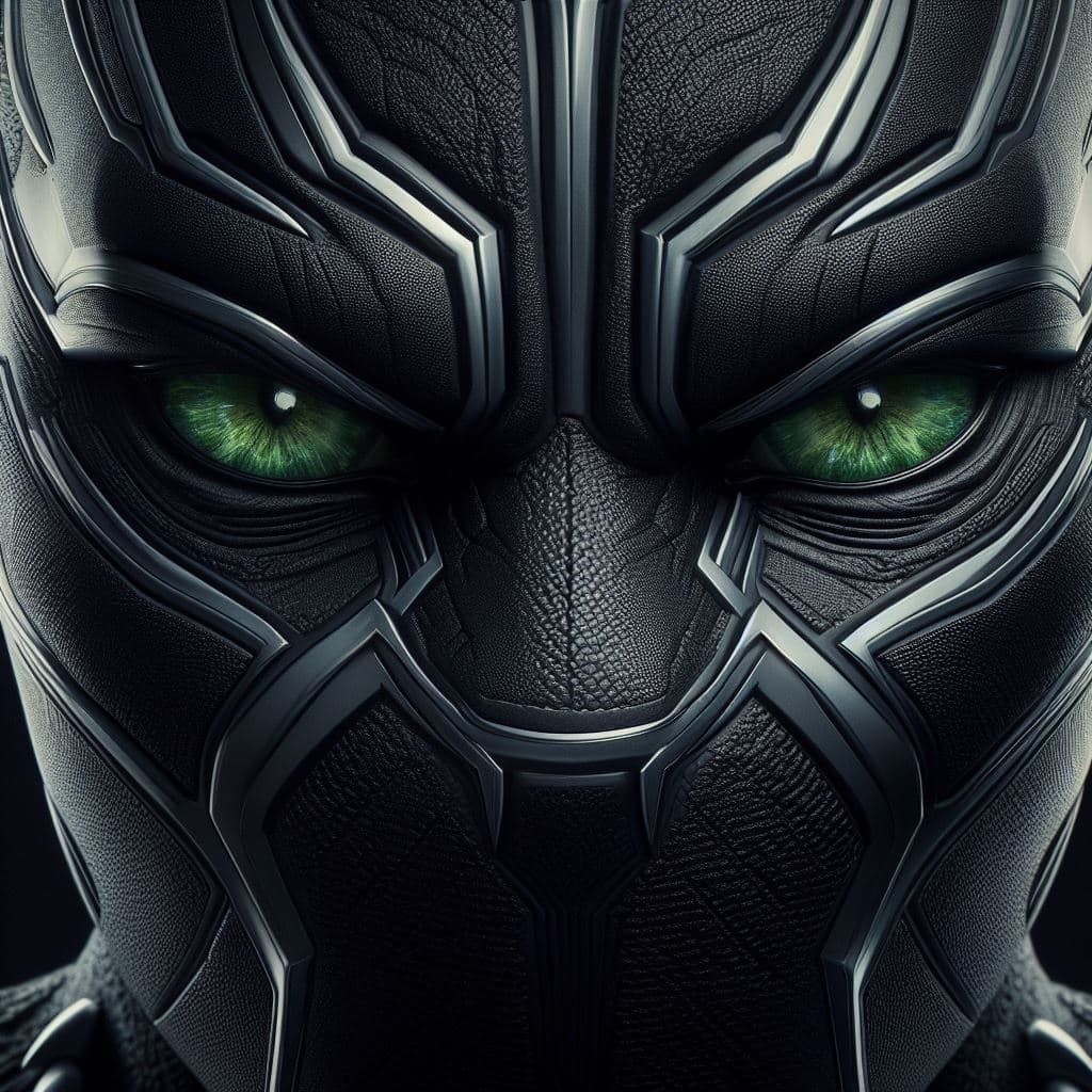AI generated: Close-up of face of Black Panther of marvel, green eyes, Masterpiece, gigantic scale, ascii-art --no...