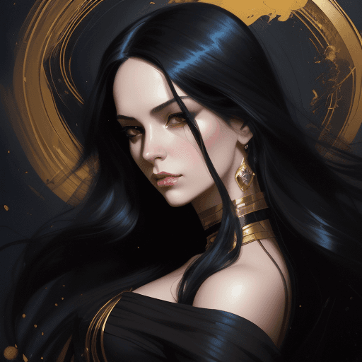 AI generated: a woman with long black hair in a gold painting, in the style of charlie bowater, dark blue and dark...