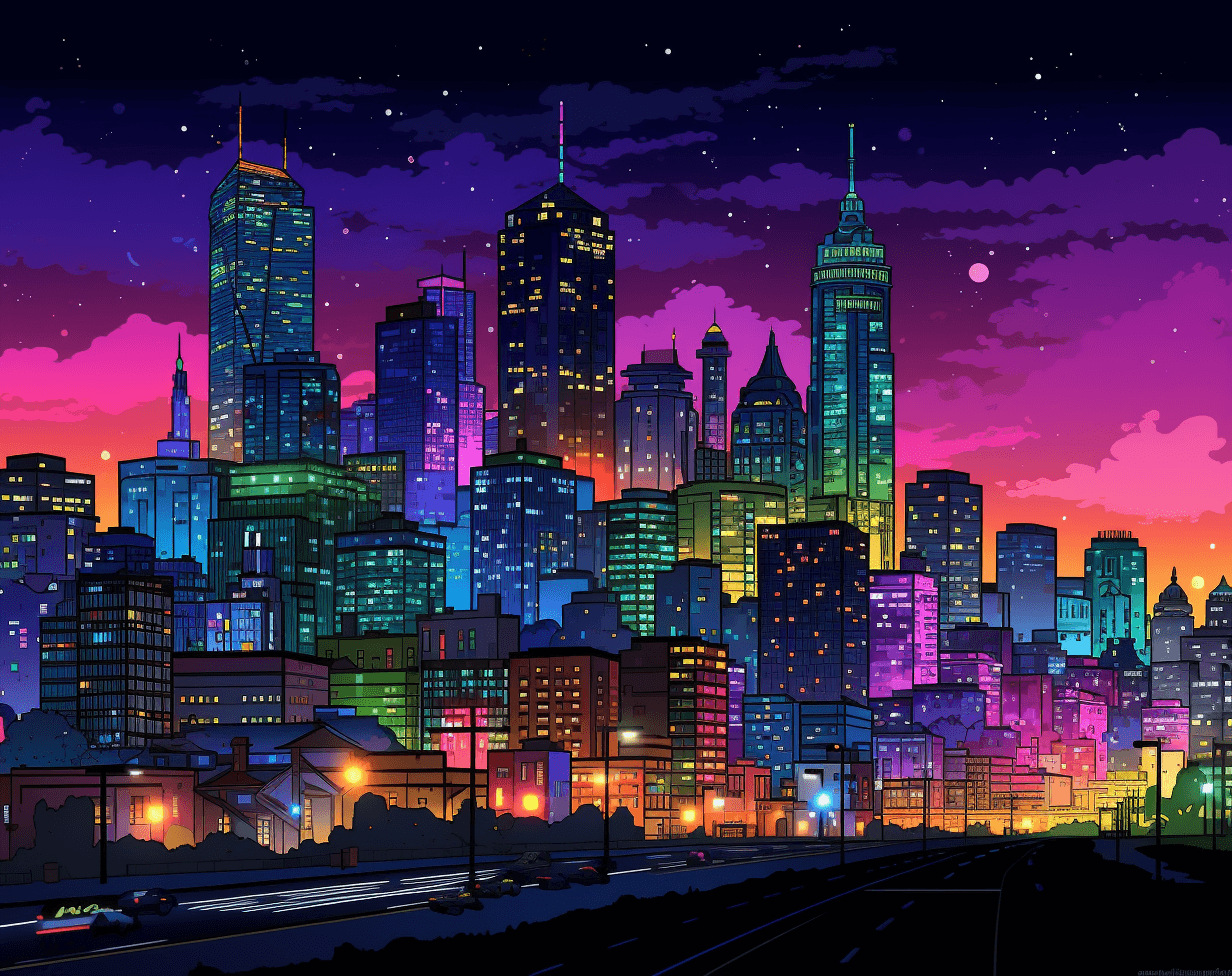 AI generated: pixel art of the city skyline at night, 8-bit pixel style, high resolution, high contrast, vibrant c...