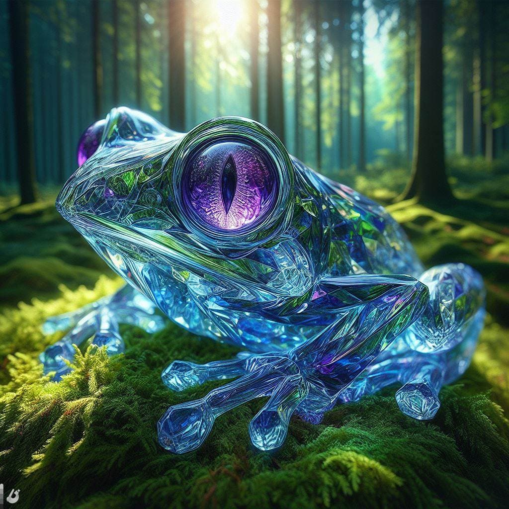 AI generated: In a surreal forest clearing, imagine a radiant crystal frog. Its transparent blue head sparkles in ...