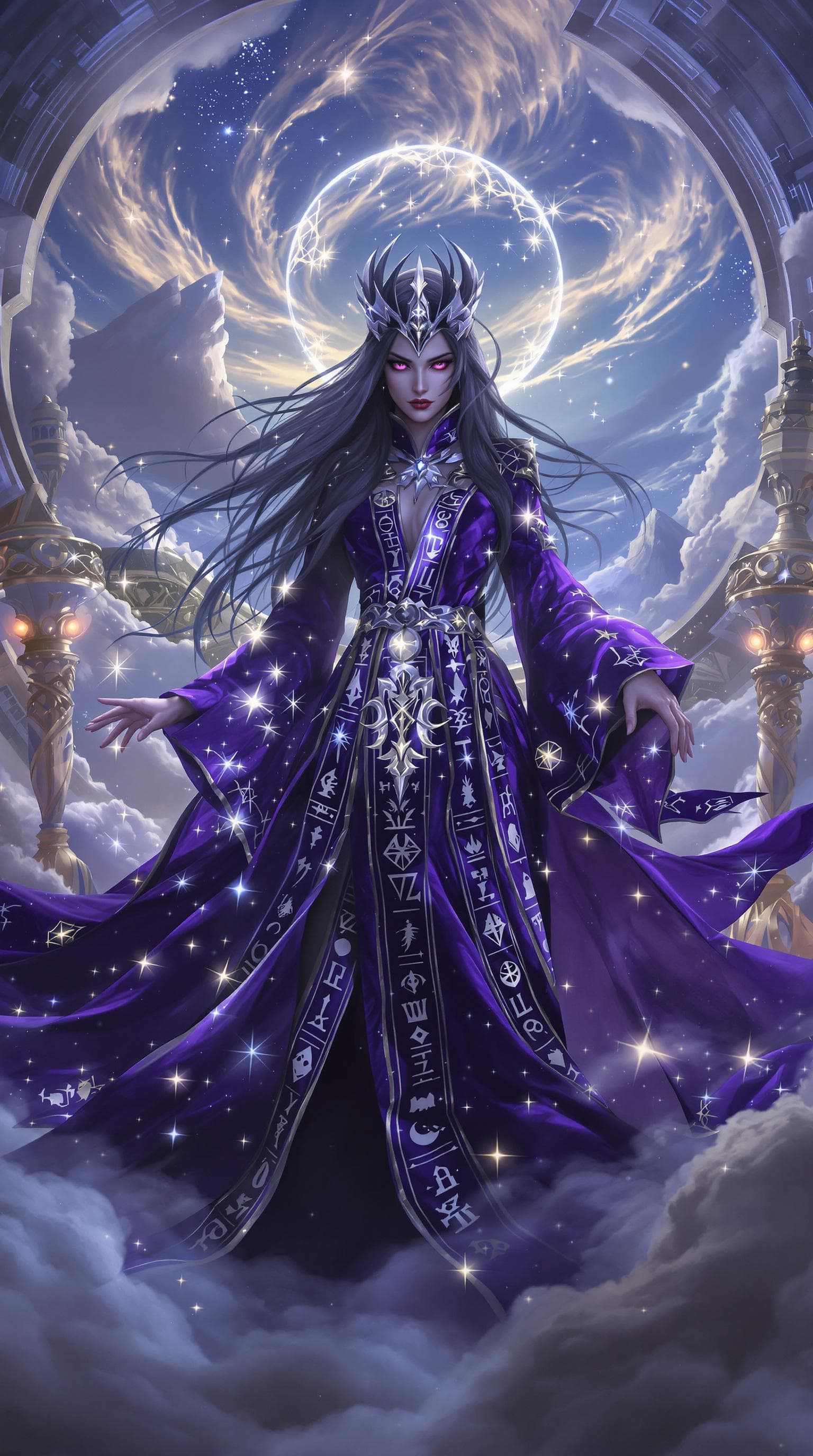 AI generated: A powerful sorceress with piercing violet eyes, a commanding pose, and long, dark hair, is dressed i...
