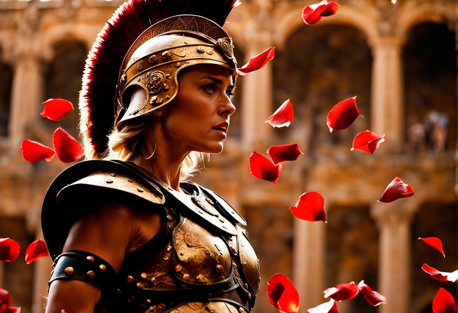 AI generated: Cinematic film still of Radha Mitchell as Gladiator in Rome Coliseum, close-up, victory vibes, rose ...