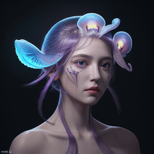 AI generated: Goddess close-up portrait ribcagel. jellyfish phoenix head, nautilus, orchid, skull, betta fish, bio...