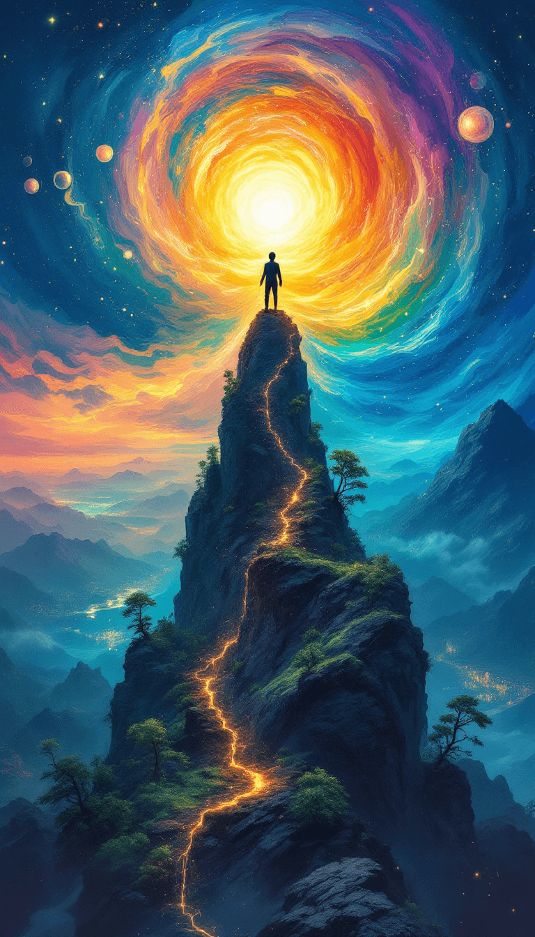 AI generated: (Ultra-high resolution, Hyper-detailed painterly artwork:1.5) A mystical painter stands atop a tower...