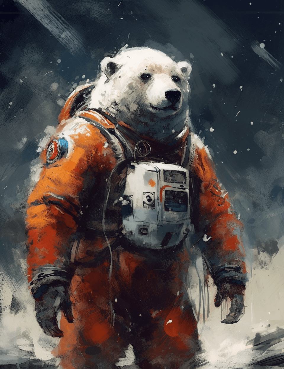 AI generated: a bear is in space suit, standing in the dirt, in the style of fantasy art, dark white and dark oran...