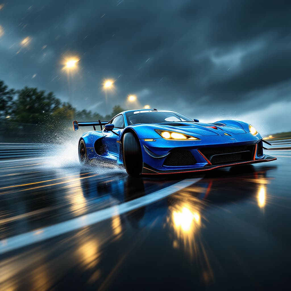 AI generated:  high-speed blue race car drifting on a wet track during a rainy day, water spraying from the tires....