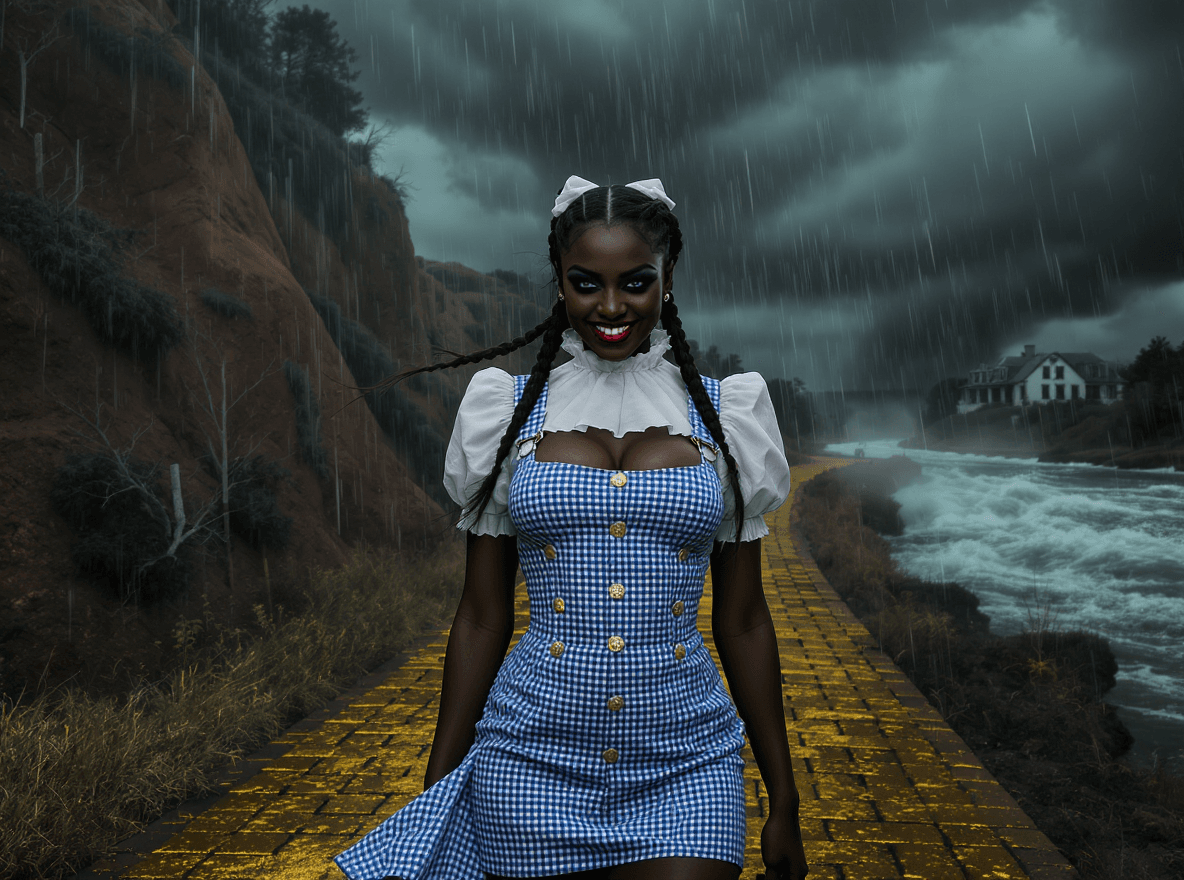 AI generated: In the foreground Dorothy from the Wizard of Oz is standing on a path through an eerie, desolate lan...