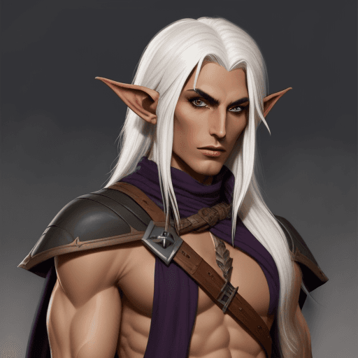 AI generated: Dark elf, with white hair and tan, rogue, dnd