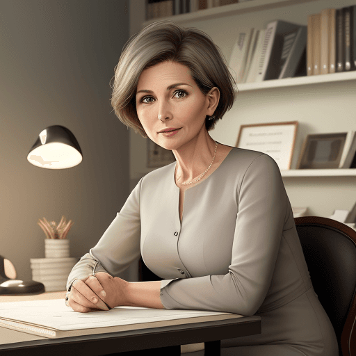 AI generated: hyper realistic photo, elegant 45 year old woman sitting at her desk in personal office, round face,...
