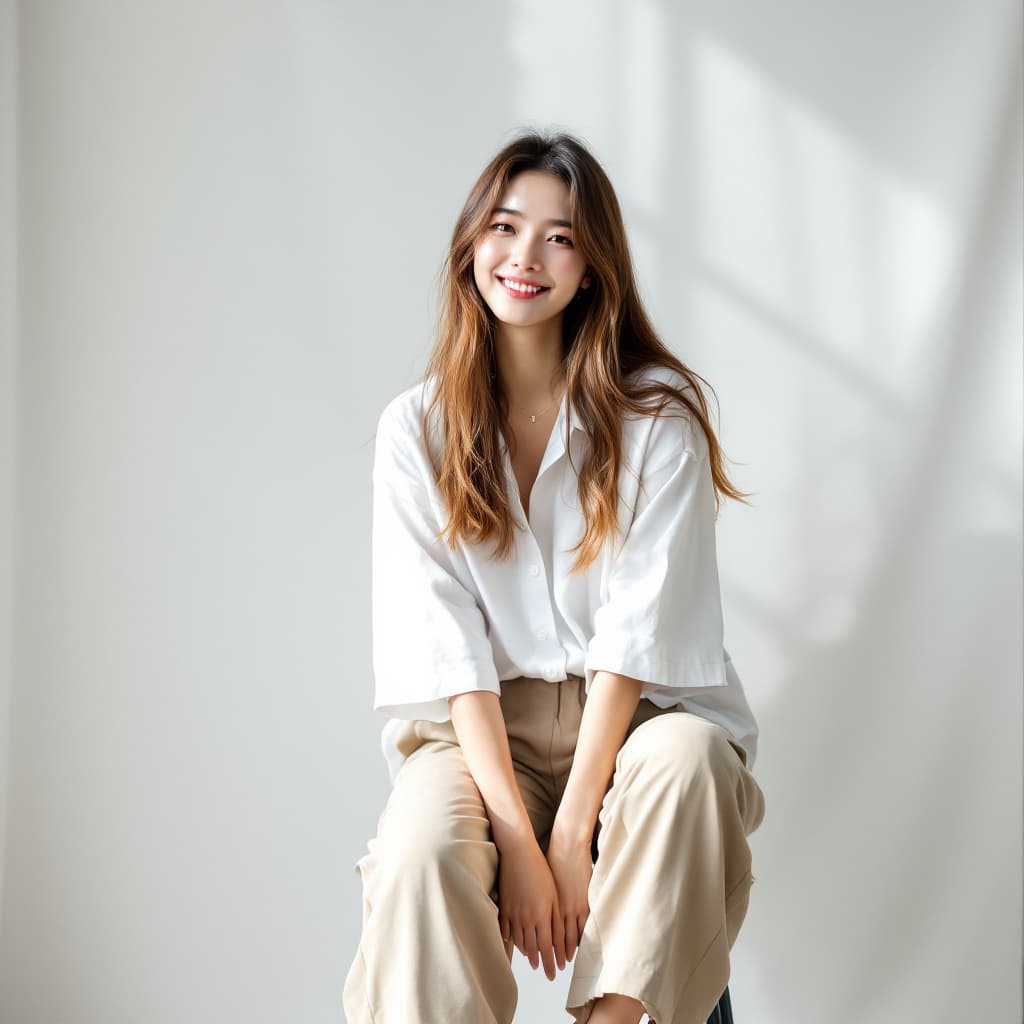 AI generated: One girl, long hair, model, white background, white shirt, khaki Capri pants, khaki loafers, sitting...