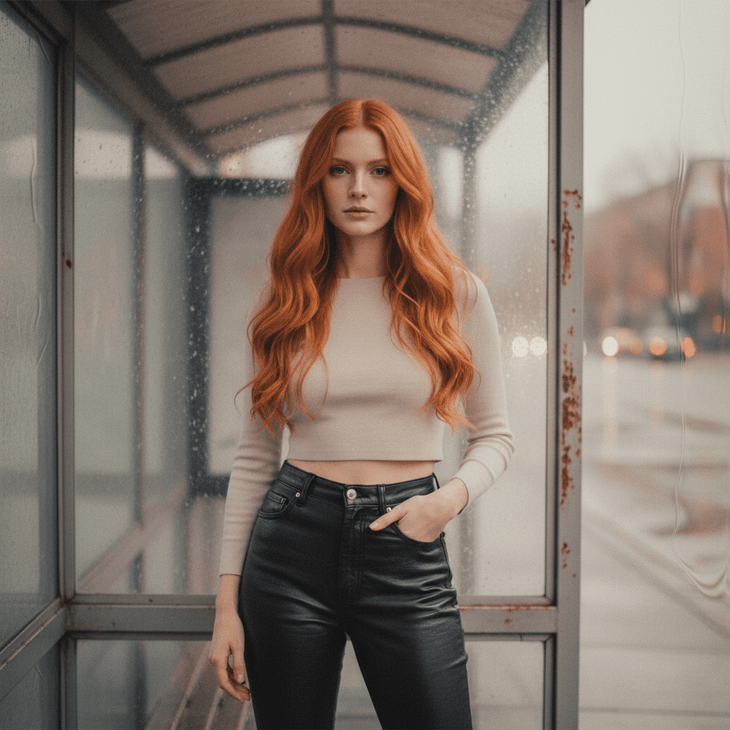 AI generated: a woman wearing a cropped top and leather jeans standing in front of the bus stop, in the style of O...