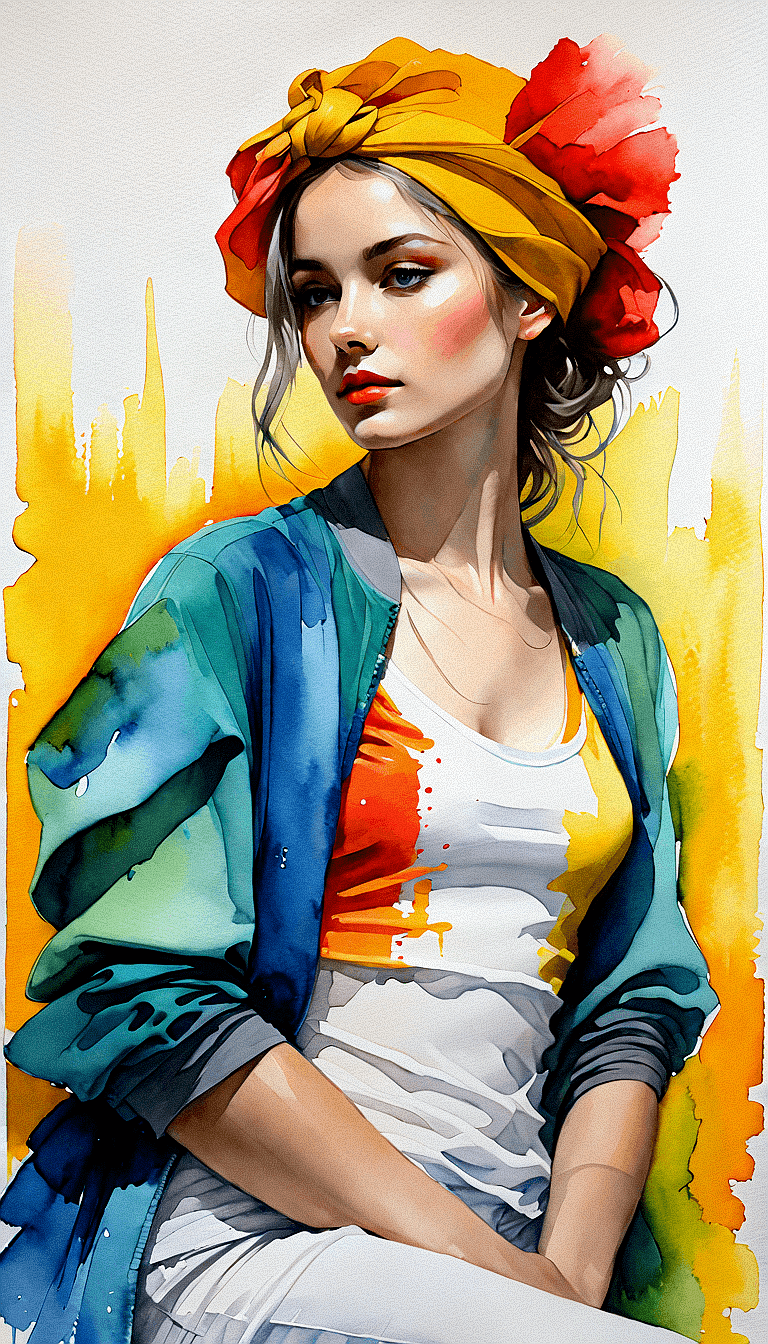 AI generated: The image is a water-color painting of a woman wearing a colorful scarf, which is placed on her head...