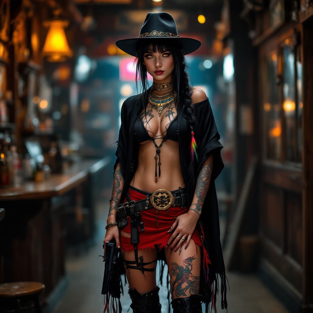 AI generated: Full body photo HD beautiful girl standing in saloon, wearing a black Stetson, black Native American...