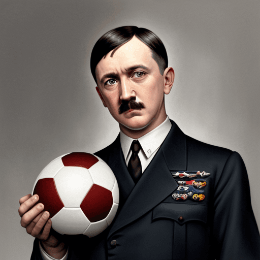 AI generated: Portrait of adolf hitler holding a soccer ball in color. Show the full soccer ball in the picture an...
