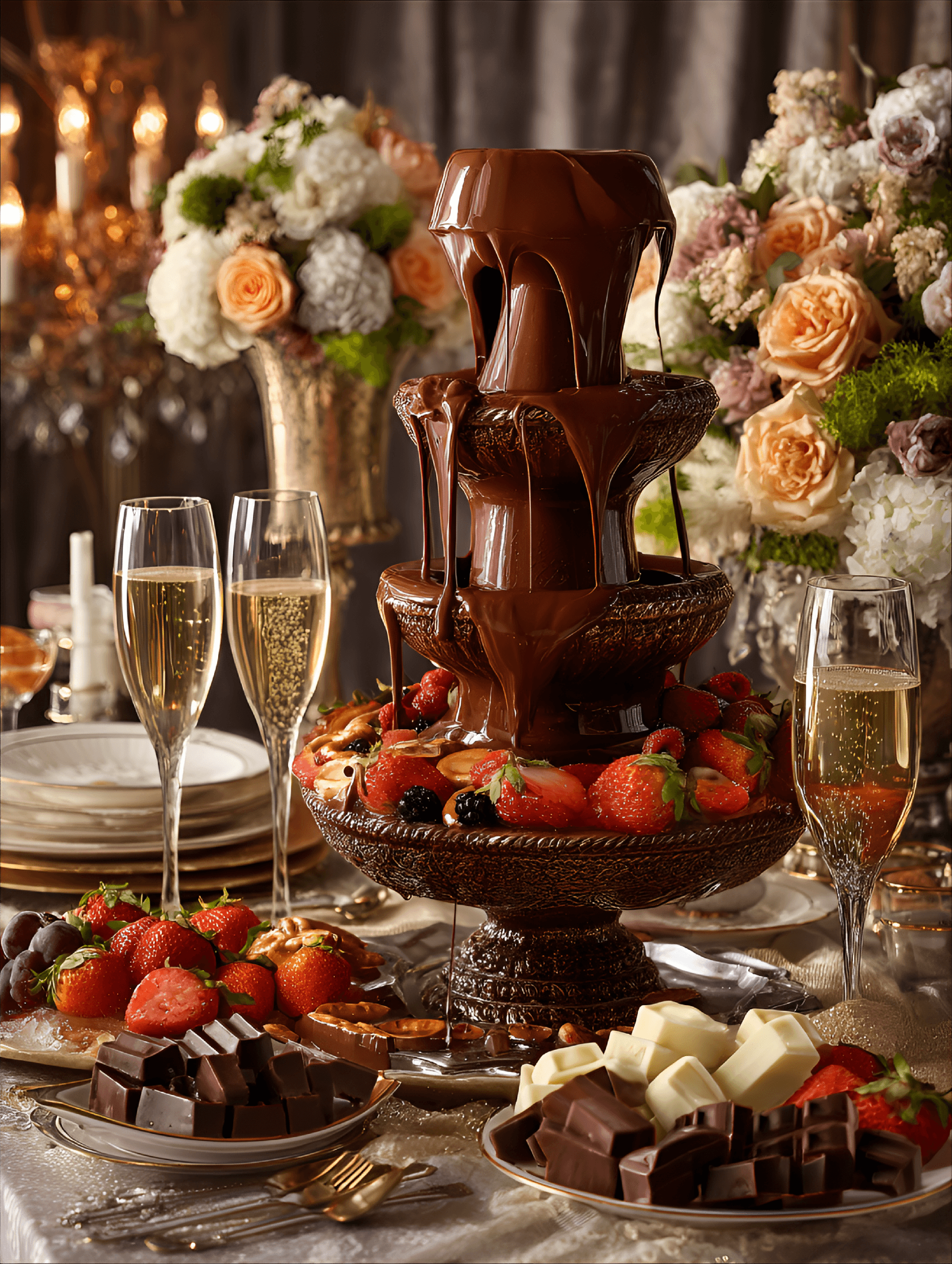 AI generated: An elegant chocolate fountain centerpiece on a grand banquet table, surrounded by trays of fresh fru...
