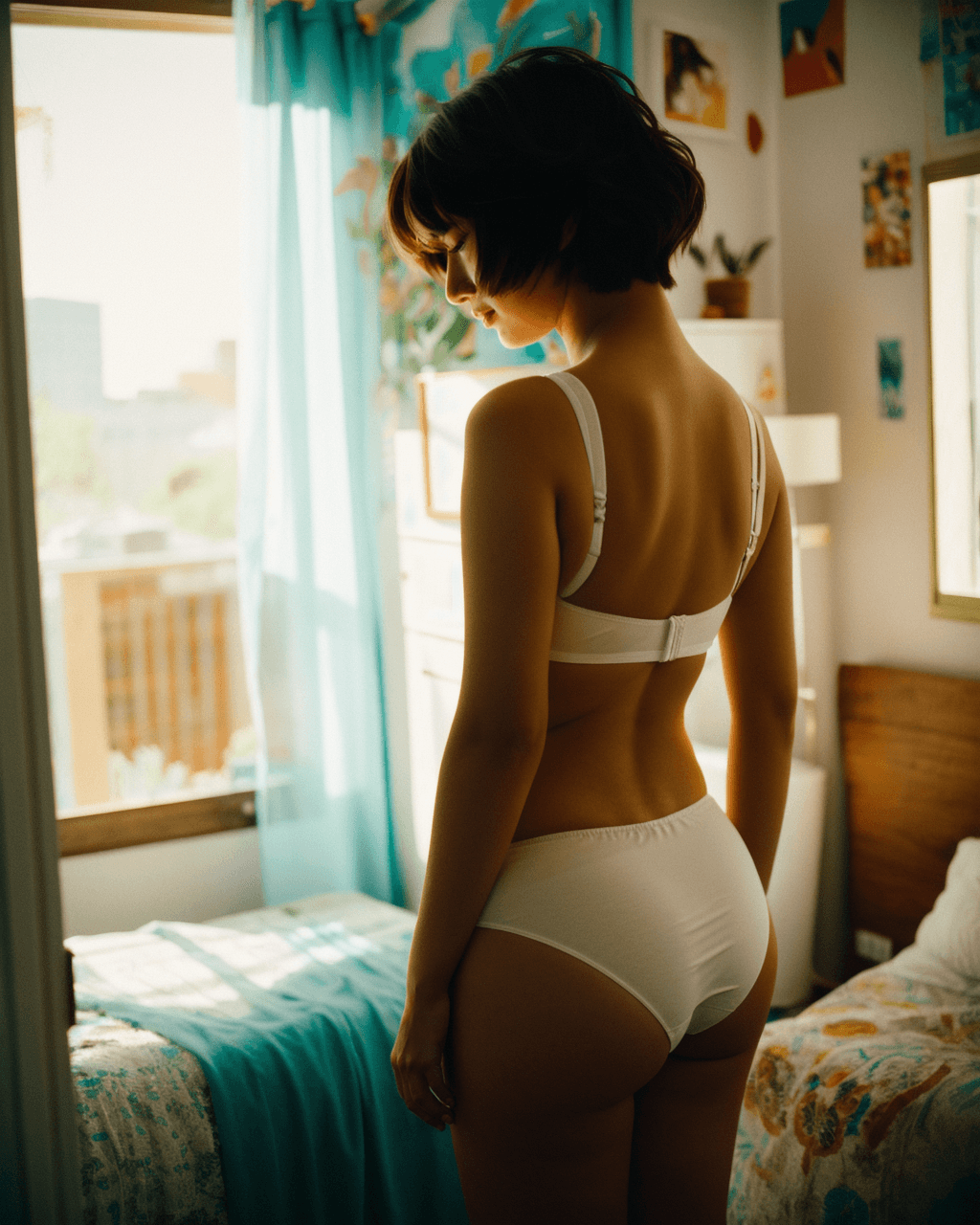 AI generated: A full-figured woman in her twenties with a short haircut wearing a tiny bra and small low-cut panti...