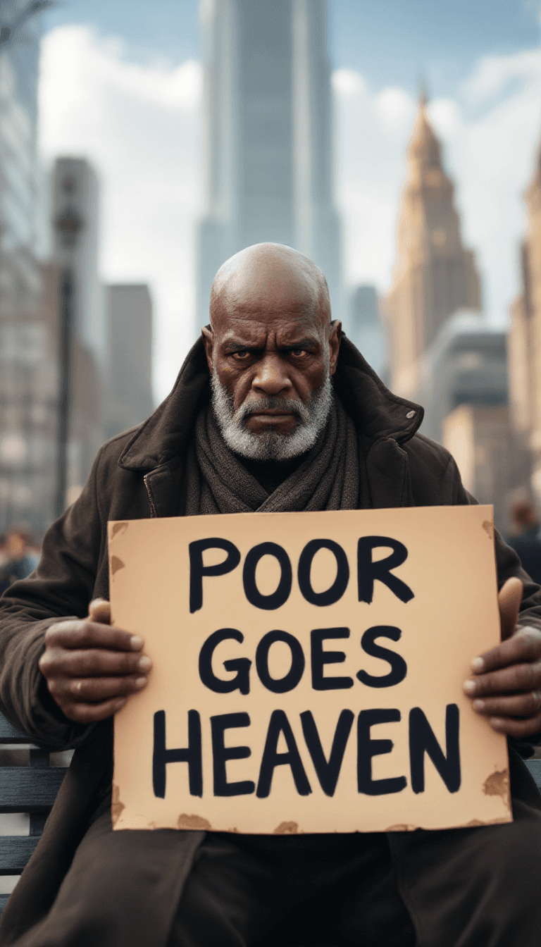 AI generated: A poor sad man with bald head  is seated on a park bank in New York City  in a heaven aura outside t...