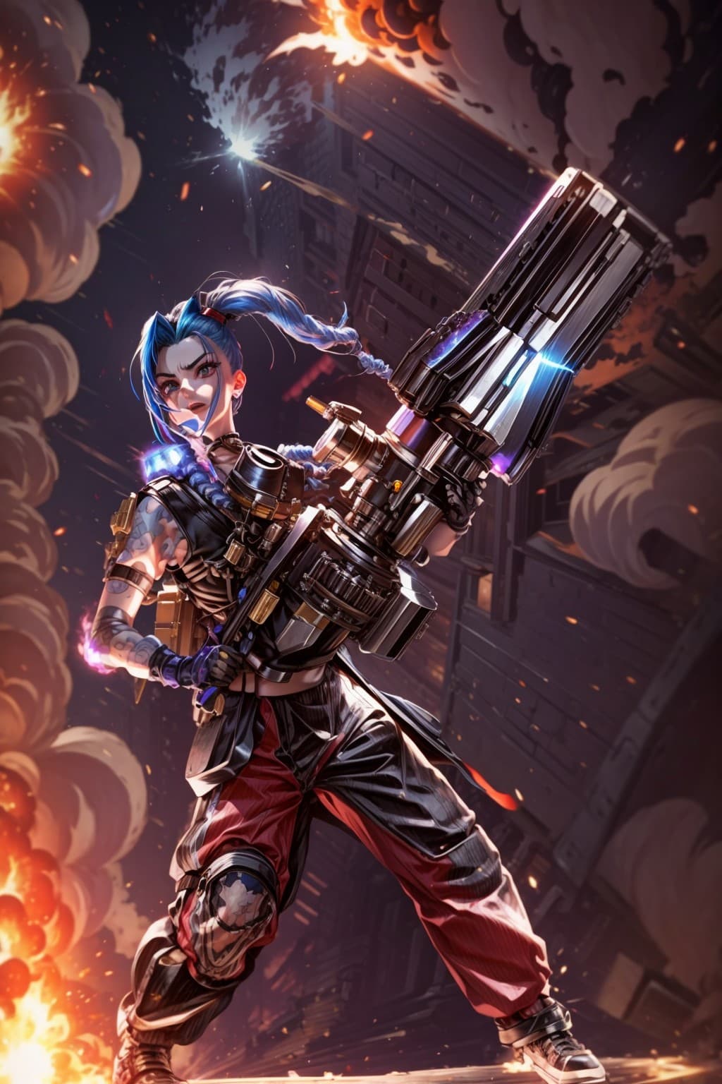 AI generated: Jinx, explosions behind her, fire, chaos, minigun, far view, a woman, fit, beautiful, slender, natur...