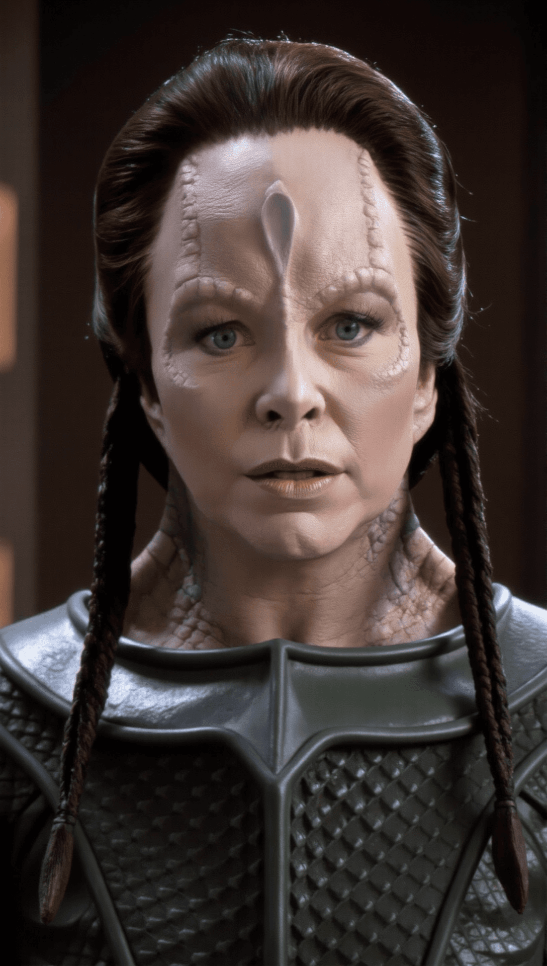 AI generated: cardassian wom3en, female, vetarofficer, pretty, (55 years old:1.2), grey skin, updo plaits hair, re...
