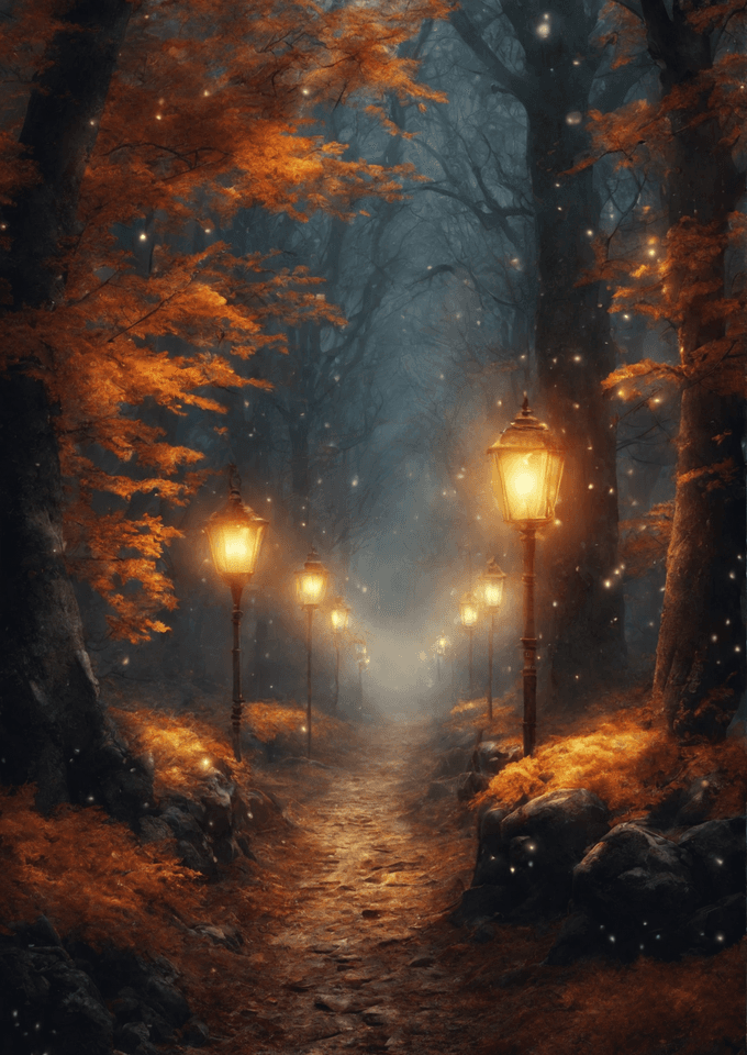 AI generated: Autumn gloomy dark forest,snow falling,light from street magic lanterns,path,art,dark fantasy