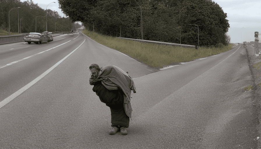 AI generated: untidy homeless man catching a ride on the highway, rear view, high quality, realism, 1080p